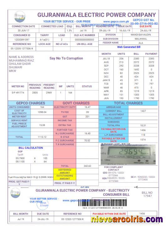PAKISTAN GUJRANWALA ELECTRICPOWER utility bill